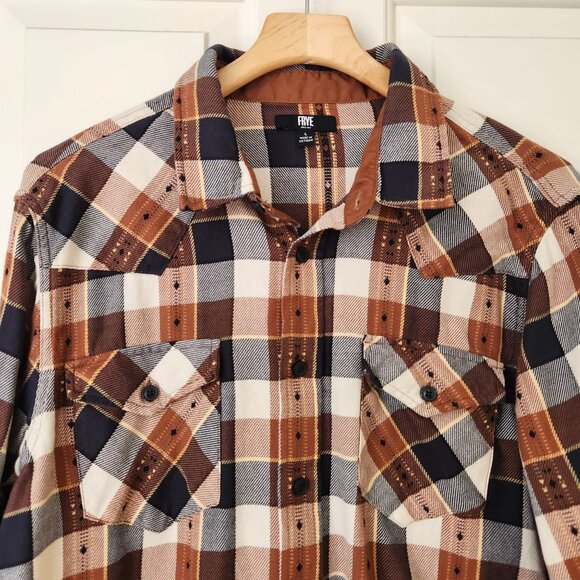 Frye Button Down Flannel Shirt Jacquard Brown Plaid Business Casual Western - Picture 4 of 11